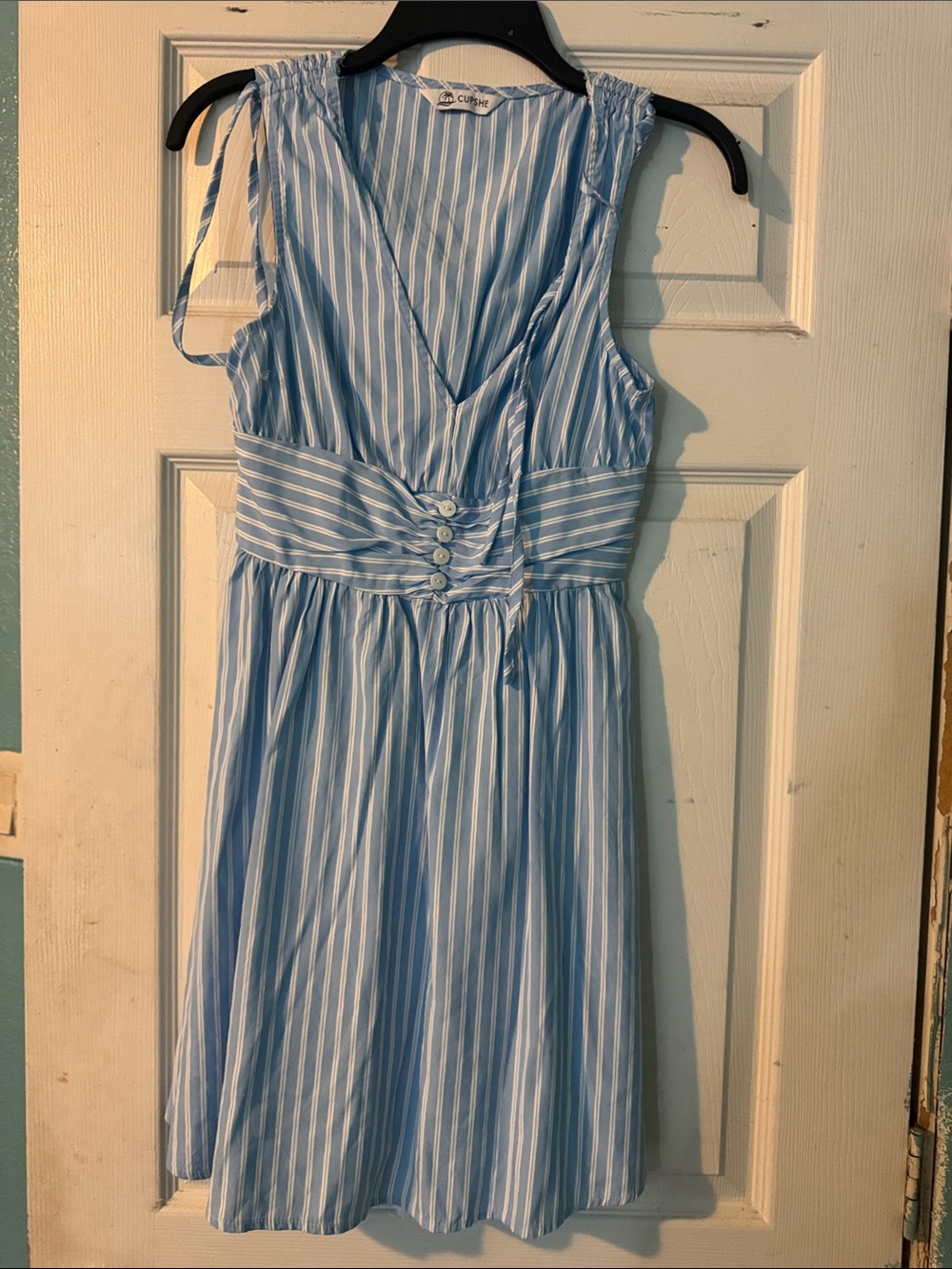 Cupshe Light Blue & White Striped Midi Dress with Buttoned Waist